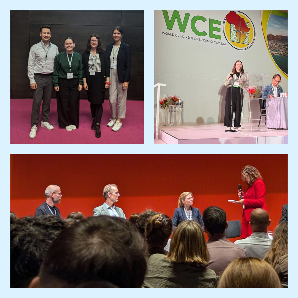 Die Grafik ist eine Collage aus drei Bildern. Sie zeigt oben links einen Teil des DigiHero-Teams auf dem Kongress Gesundheit gemeinsam in Dresden, oben rechts eine DigiHero-Forscherin auf dem World Congress Epidemiology und unten eine Podiumsdiskussion auf dem Kongress Gesundheit gemeinsam.